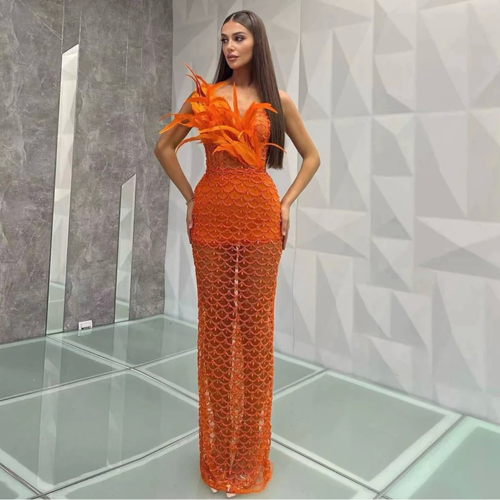 Orange Strapless Sequined Feather Gown Size L